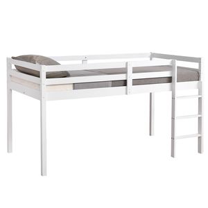 Letto a castello in legno di pino con traliccio e scaletta dritta, bianco - Letto per bambini - Product Image 1