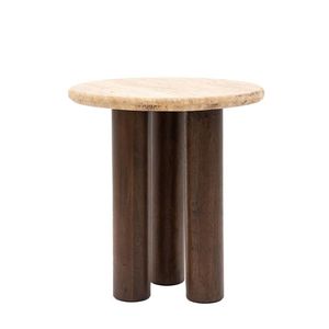 Table d'appoint ronde en travertin et bois, table d'appoint en bois à 3 pieds multi-piliers avec plateau en marbre, accent organique moderne pour boissons - Product Image 3