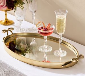 Bandeja de lujo ovalada dorada con espejo al por mayor, con asas de lazo, para servir en hoteles y restaurantes, elegante vajilla de tocador. - Product Image 1