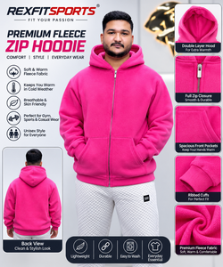 Sweat à capuche zippé rose surdimensionné pour homme, couleur unie, en molleton, décontracté, pour l'automne, tricoté 100% coton respirant - Product Image 2