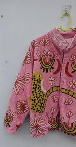 <b>Women</b> Pink <b>Velvet</b> Embroidered Suzani Jacket With Floral And Tiger Pattern Full Sleeve Stand Collar Bohemian <b>Women</b> Winter <b>Coat</b> - Product Image 5