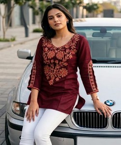 Women's <b>Maroon</b> Cotton Embroidered Kurta Traditional Ethnic <b>Top</b> Casual Wear India Pakistan Style BLUESTAR- BS...159- 85418 - Product Image 1