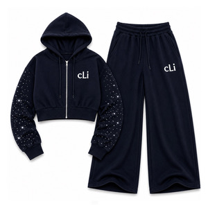 Ladies Boutique Sparkly Oversized Drop Shoulder Crop Zip <b>Tracksuit</b> Custom Rhinestone <b>Y2K</b> Hoodies Sweatpants Heavyweight Cotton - Product Image 5