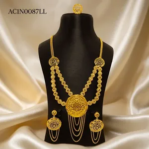 Juego de Joyería de Boda Nigeriana Premium, Chapado en Oro de 24K, Collar Largo con Aretes y Anillo a Juego - Product Image 1