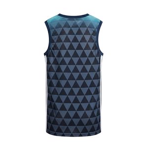 Maillot de basketball sans manches en maille polyester respirante, bleu foncé, motif triangulaire dense, uniforme d'équipe, col rond, performance sportive - Product Image 2