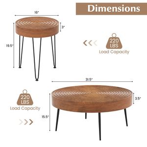 Set di 2 Tavolini da Caffè Rotondi in Legno Massello con Motivo ad Anello, Stile Rustico - Product Image 5