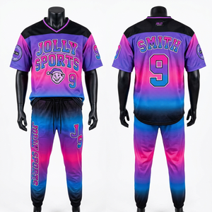 Conjunto de pantalón y camiseta de malla de poliéster en degradado morado, rosa y azul con panel negro en el hombro, sublimación, logotipo personalizado, conjunto corto para hombre - Product Image 5