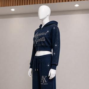 Ensemble 2 pièces de haute qualité pour femme : sweat à capuche court et pantalon large à paillettes et strass, tenue décontractée longueur pleine - Product Image 5