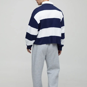 Polo de punto a rayas de manga larga para hombre, estilo preppy, con bloques de color, corte holgado, blanco, azul marino, camisas de rugby para hombre - Product Image 3
