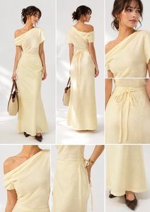 Robe longue asymétrique jaune élégante à une épaule, froncée, mi-mollet, en coton, taille naturelle, pour femme, idéale pour les fêtes - Vente en gros - Product Image 5