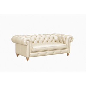 Canapé Chesterfield en cuir véritable ivoire avec dossier capitonné et accoudoirs roulés, trois places, pour salon - Product Image 1