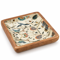 Plateau de service carré en bois naturel émaillé |   Plateau de table décoratif à motif floral et d'oiseaux, pour la maison, la cuisine, les cadeaux