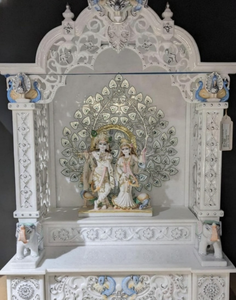 หินอ่อนมาครานาสีขาวพรีเมียมสำหรับทำหิ้งบูชาแบบดั้งเดิม |   ลวดลายแกะสลักอย่างประณีตของนกยูงและช้างในวัด |   ขนาดปรับแต่งได้ - Product Image 6