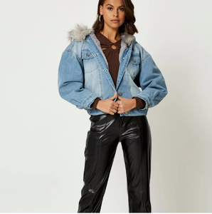 Unisex Jeans Jacket Cotton Lined Hood Standard Winter Casual Eco-Friendly Quick Dry Breathable Regular Fit <b>Covered</b> <b>Button</b> - Product Image 3