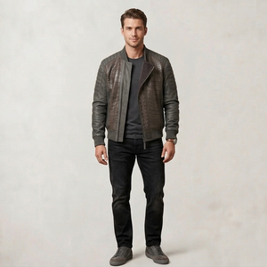 Veste d'hiver décontractée pour homme en cuir de crocodile véritable, coupe ajustée, motif gaufré classique, respirante, coupe-vent, logo frontal - Product Image 3