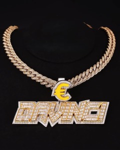Pendentif Moissanite plaqué or argent 925 serti de pierres taille baguette avec breloques lettre et symbole euro, style hip-hop, bijoux pour homme - Product Image 1
