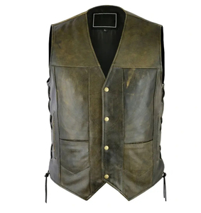 Chaleco de Cuero para Hombre, Talla Grande, Estilo Motero, Cierre con Cordones, Color Sólido, Prenda Exterior de Otoño, Corte Regular - Product Image 1