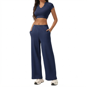 Conjunto Deportivo de Dos Piezas para Mujer, Color Azul Marino, Top Corto de Manga Corta, Pantalones Anchos de Pierna Ancha, Secado Rápido, Spandex/Nylon, para Gimnasio - Product Image 1