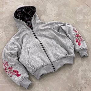 Sudadera con Capucha Unisex Gris de Forro Polar con Bordado Floral Rosa, Corte Holgado, Cierre de Cremallera, Reversible de Doble Cara, Poliéster/Algodón, Estilo Urbano, Invierno - Product Image 2