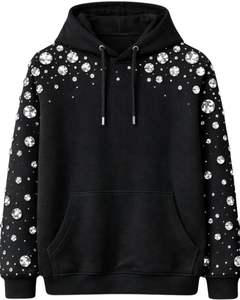 Sweat à capuche noir à strass, coupe oversize, en molleton épais, avec poche kangourou, personnalisable, pour homme, style streetwear - Product Image 1