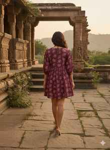 Robe midi en coton imprimé floral bordeaux, tunique d'été pour femme, col en V, style ethnique bohème, vêtement festif artisanal indien, naturel - Product Image 3