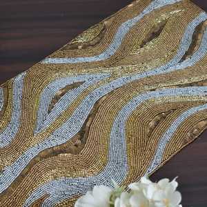 Rectangular Beaded <b>Table</b> Runner Fabric Mats Glam Handmade Gold Silver Wave Design - Product Image 1