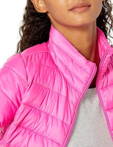 Women's Pink Quilted Jacket Stand Collar <b>Full</b> Sleeve Zipper Closure Solid Color Regular <b>Length</b> Winter <b>Coat</b> - Product Image 6
