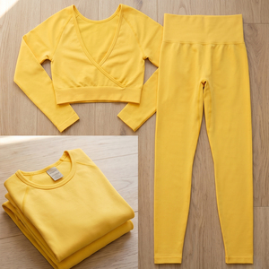 Regal Women's Yoga Set <b>Crop</b> Long Sleeve <b>Top</b> High Waist Full Length Leggings 2 Piece Solid Yellow Athletic Wear Compression Set - Product Image 2
