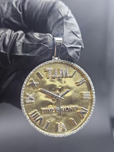 Pendentif Horloge en Argent 925 avec Moissanite et Strass en Cristal, Thème Hip-Hop, Bijou Unisexe Tendance - Le Temps Est de l'Argent - Product Image 1