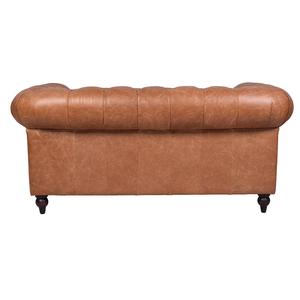 Canapé Chesterfield deux places en cuir véritable de style vintage avec accoudoirs roulés et design matelassé, base en bois massif, canapé élégant - Product Image 5