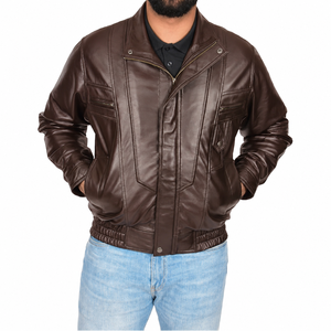 Blouson moto en cuir véritable marron pour homme, col montant, fermeture éclair, coupe classique, idéal pour l'hiver, logo frontal - Product Image 3