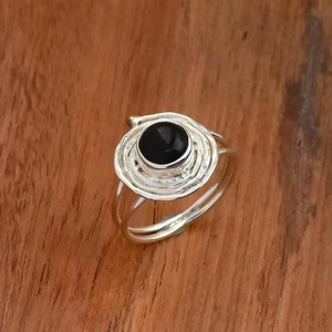 Bague Onyx Noir Argent Sterling 925 Pierre Ronde Spirale Fil Wrap Déclaration Demoiselle D'honneur Bague À La Main - Product Image 5