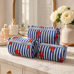 Ensemble de 3 trousses de maquillage matelassées en coton à rayures bleues et imprimé homard, sacs cosmétiques pour femmes, organiseur de toilette de voyage, cadeau - Product Image 1