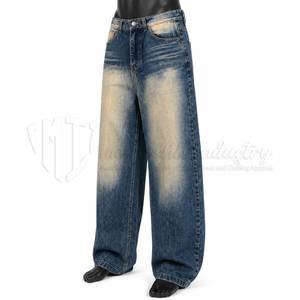Jeans personnalisés en gros pour hommes, style streetwear hip-hop, à ourlet brut, coupe ample, délavés par le soleil, bleu foncé, jambe large et droite - Product Image 3