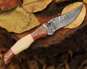 Cuchillo Plegable de Acero de Damasco con Bloqueo Interno, Mango de Hueso y Madera, Funda de Cuero, Cuchillo de Bolsillo EDC para Caza y Camping, Personalizado OEM - Product Image 4