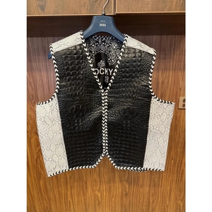 Gilet en cuir véritable personnalisé pour homme, motif crocodile gaufré, imprimé python noir et blanc, tressé, style motard - Product Image 5