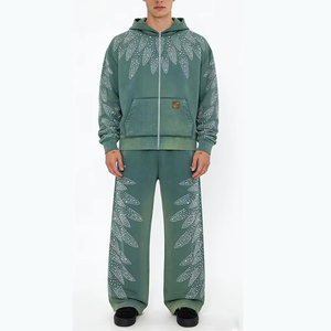 Ensemble sweat à capuche et pantalon large Y2K en coton épais brodé de strass, style streetwear oversize pour homme - Product Image 1