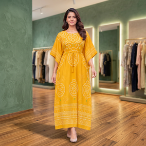 Trending Yellow Ethnic <b>Kaftan</b> <b>Dress</b> With White Print Loose Fit Ankle-Length For Women Casual Wear India Pakistan Style Summer - Product Image 5