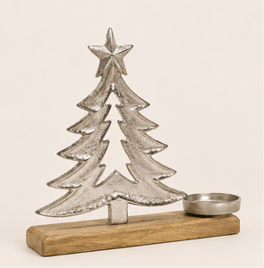 Modern Silver Metal Christmas <b>Tree</b> Tealight Candle Holder With Natural Mango Wood Base For Holiday Home <b>Tabletop</b> Decoration Gift - Product Image 1