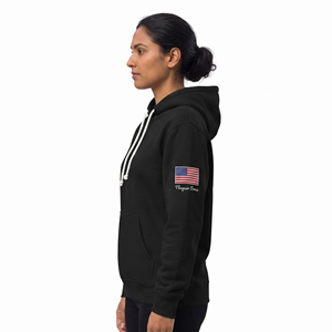 Sweat-shirt à capuche noir pour femme avec broderie drapeau américain sur la manche gauche, coupe classique, tissu en coton tricoté, vêtement d'automne - Product Image 3