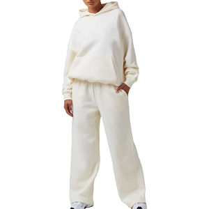 Chándal con Capucha Color Crema para Mujer, Manga Larga, Corte Holgado, Diseño Sólido, Ropa Casual, Cintura Elástica, Bolsillos Laterales, Estilo Otoñal - Product Image 1
