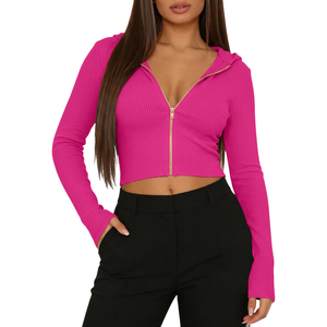 Top Corto con Capucha y Cierre de Cremallera para Mujer, Color Rosa, Tejido de Punto, Manga Larga, Color Sólido, Transpirable, Ropa de Otoño, OEM ODM - Product Image 5