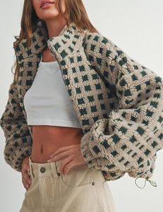 Best Selling Women's Cream <b>Green</b> Grid Sherpa <b>Jacket</b> Jacquard Pile Knit Full Zip Elastic Cuffs Shock <b>Cord</b> Hem B2B Manufacturing - Product Image 3