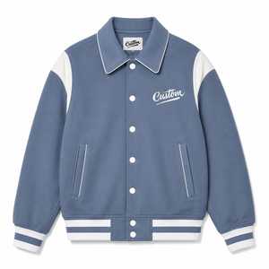 Custom Letter Print Winter Varsity <b>Jacket</b> <b>Men</b> Blue <b>White</b> Contrast Sleeve Casual Style Turn-down Collar Covered Button Heated - Product Image 2