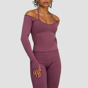210 Gsm Custom Lightweight Off Shoulder Ribbed Material Women's Athletic Activewear Yoga <b>Long</b> Sleeve Thumb Hole Shirt - Product Image 4