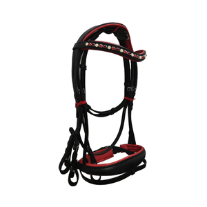 Banda de cejas de cristal de piedra de diseñador y relleno rojo con riendas Web Brida de cuero de doma disponible en la India. - Product Image 1