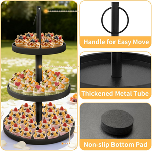 Support à cupcakes rond fait main en métal, tour à cupcakes à 3 niveaux, plateau à étages noir, support à desserts avec poignée pour fête - Product Image 3