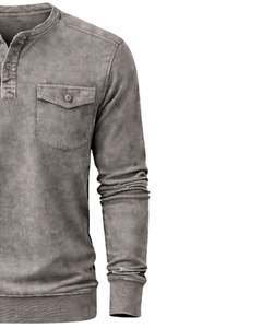 Sudadera Henley de Manga Larga para Hombre, Lavado Ácido, Gris Piedra, Estilo Casual con Botones y Bolsillos, Prenda de Invierno, Algodón, Corte Ajustado - Product Image 4