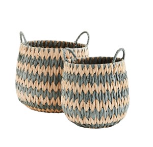 Panier à linge rond en jacinthe d'eau naturelle, fait main, avec design bicolore, pour le rangement en gros - Product Image 2