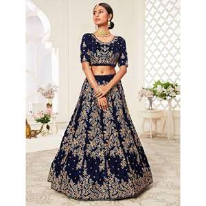 Tenue de mariée en velours brodé bleu marine envoûtante Lehenga Choli - Product Image 5